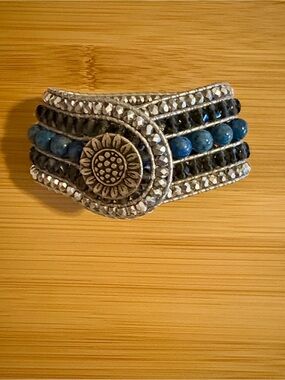Handcrafted Blue Beaded Multi-Row Sunflower Cuff Bracelet